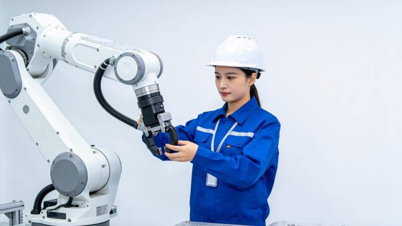 女技工操作工业机械臂进行设备调试图片