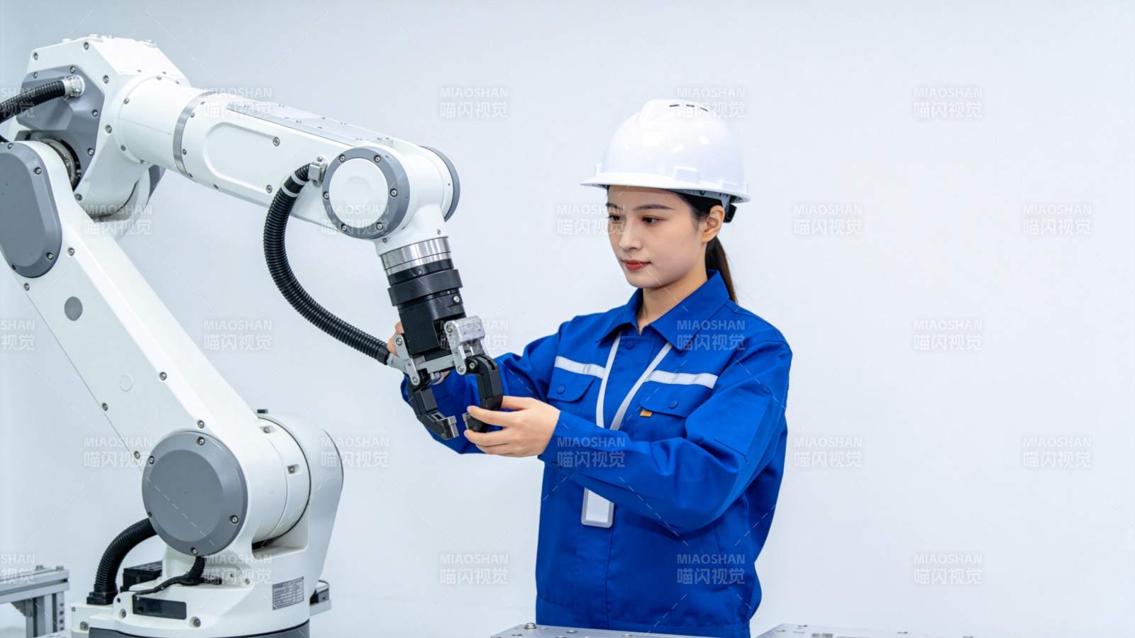 女技工操作工业机械臂进行设备调试图片