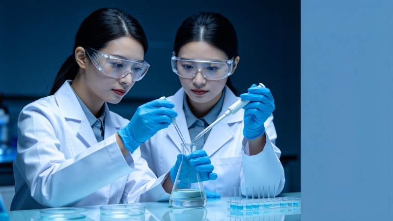 两位女性科研人员在实验室进行移液操作实验图片