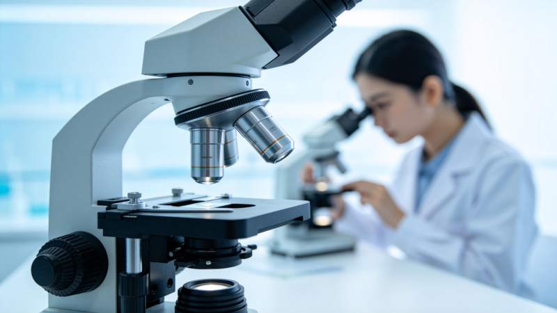 实验室中科研人员使用显微镜进行观察分析图片