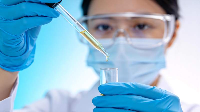 科研人员佩戴护目镜手套进行液体滴加实验图片