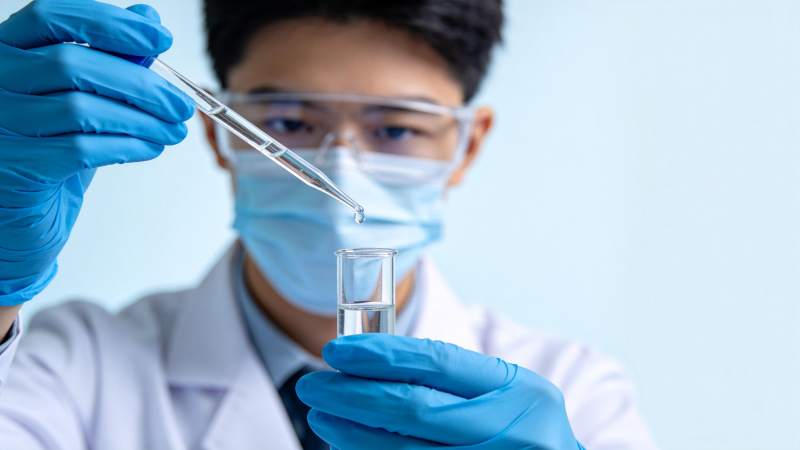 科研人员佩戴护目镜手套进行滴管实验操作图片