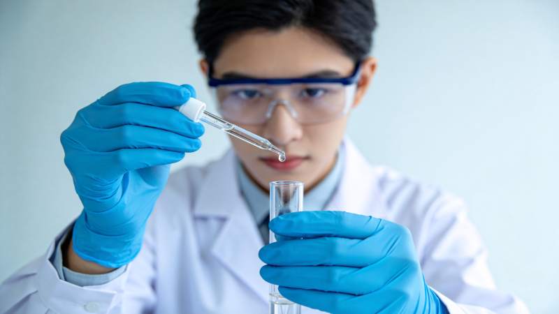 科研人员佩戴护目镜用滴管向试管滴加液体图片