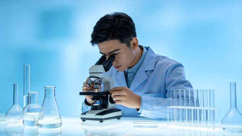 科学家专注显微镜观察图片