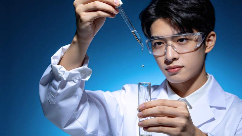青年科学家专注滴液实验图片