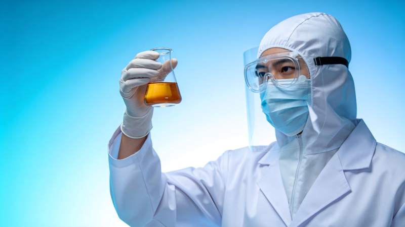 科学家持橙色溶液观察图片