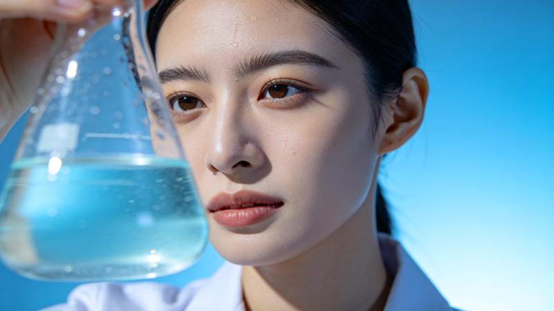 女科学家专注观察蓝色溶液图片