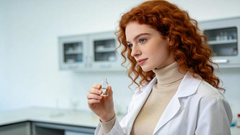 红发女科学家持瓶观察图片