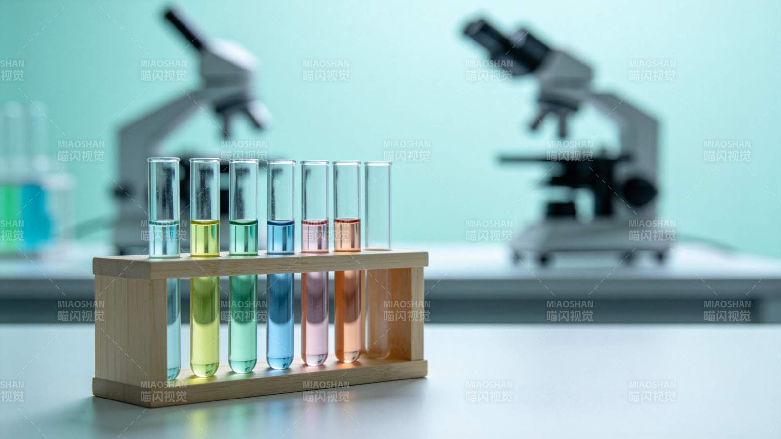 实验室试管架上排列着多种颜色液体的试管图片