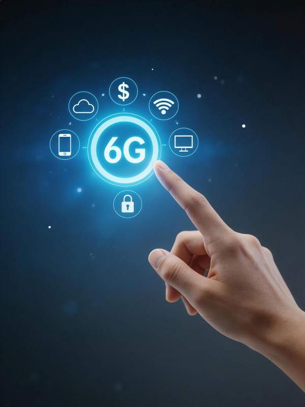 手指触碰6G技术图标与网络符号组合图片