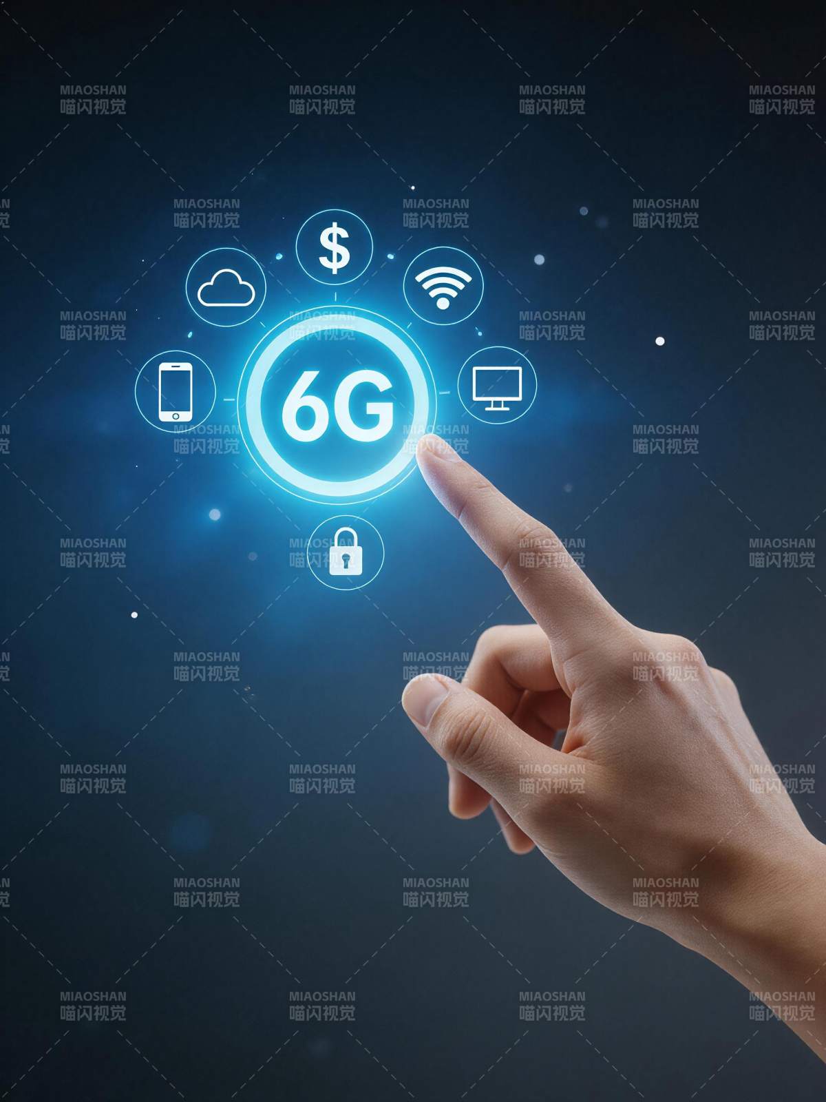 手指触碰6G技术图标与网络符号组合图片