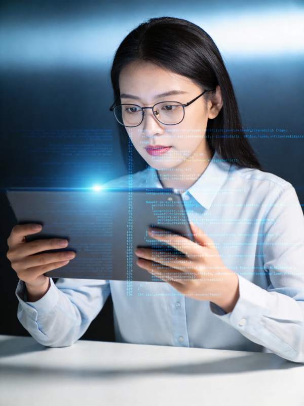 戴眼镜女性专注查看平板电脑编程代码图片