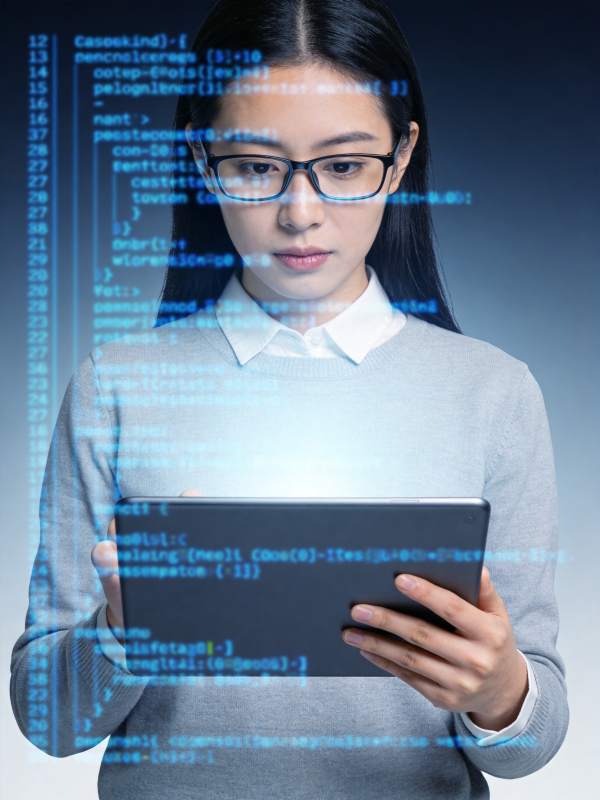 代码少女专注编程中图片