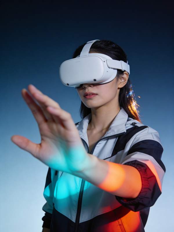 佩戴白色VR头显操作虚拟界面的女性图片