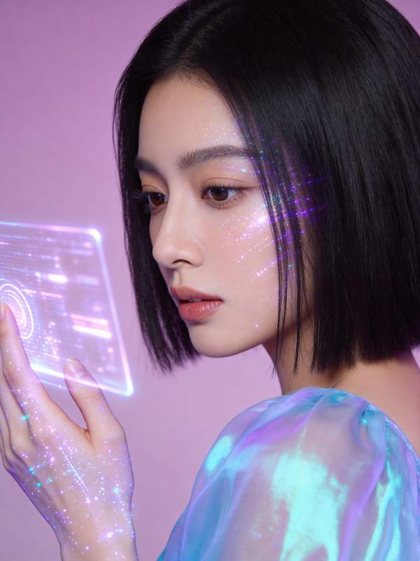 未来少女触碰全息屏图片