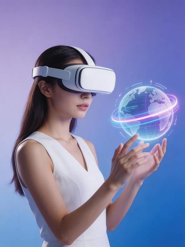 女性佩戴VR设备操作全息地球模型图片