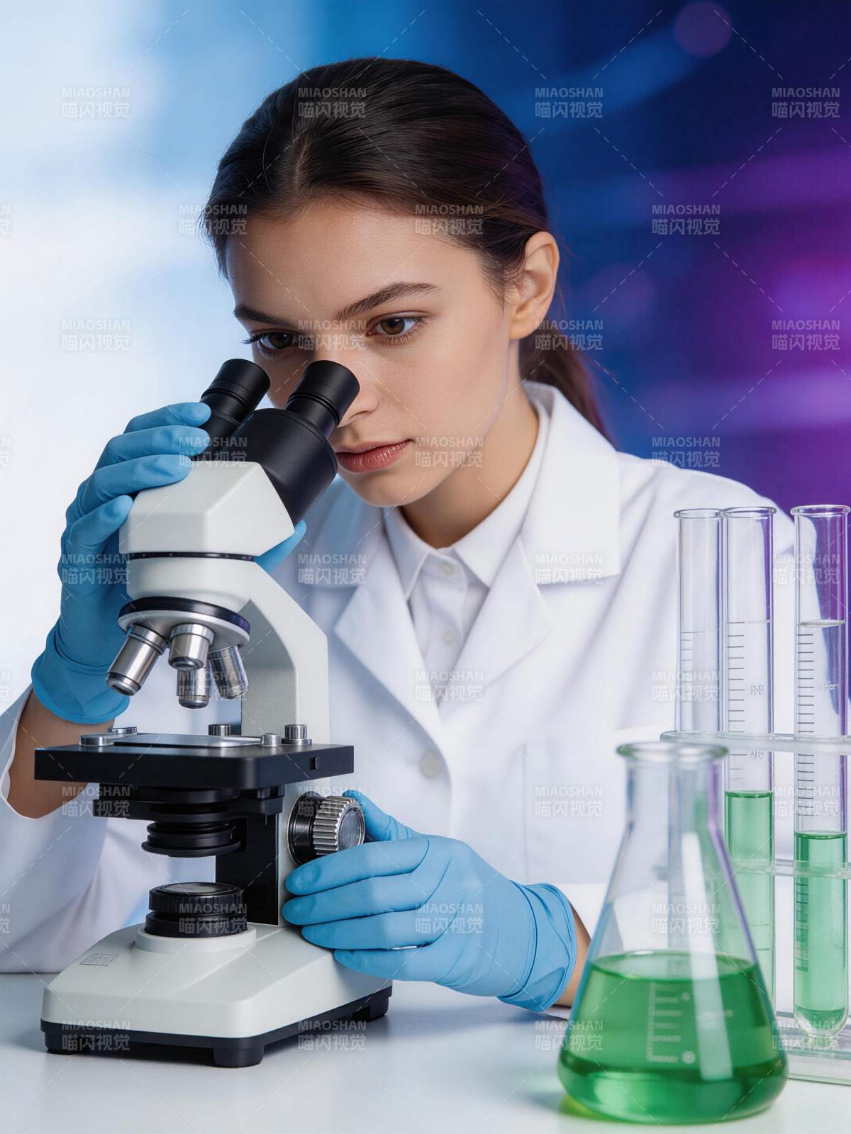 女科学家专注显微观察图片