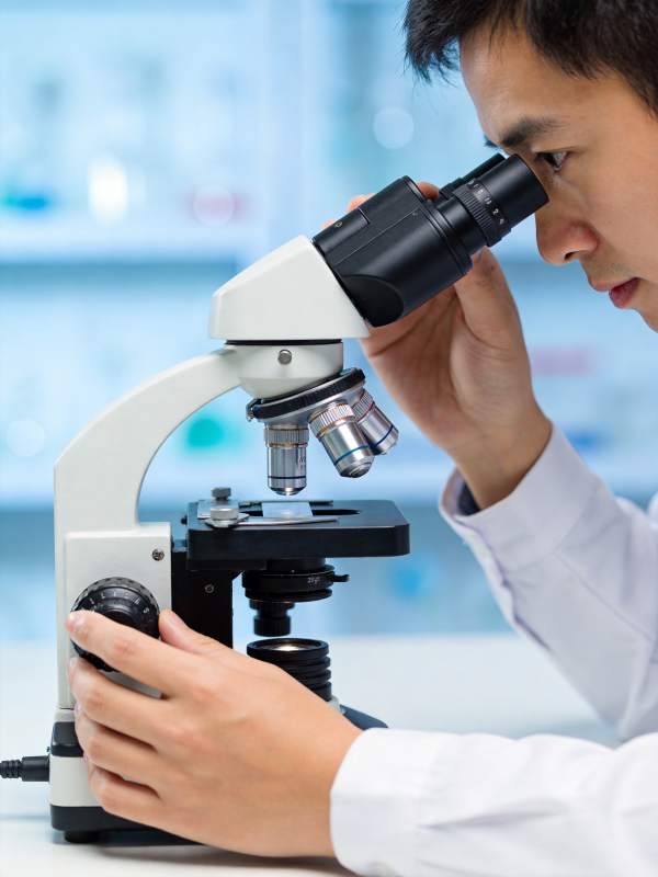 科学家专注显微镜观察图片