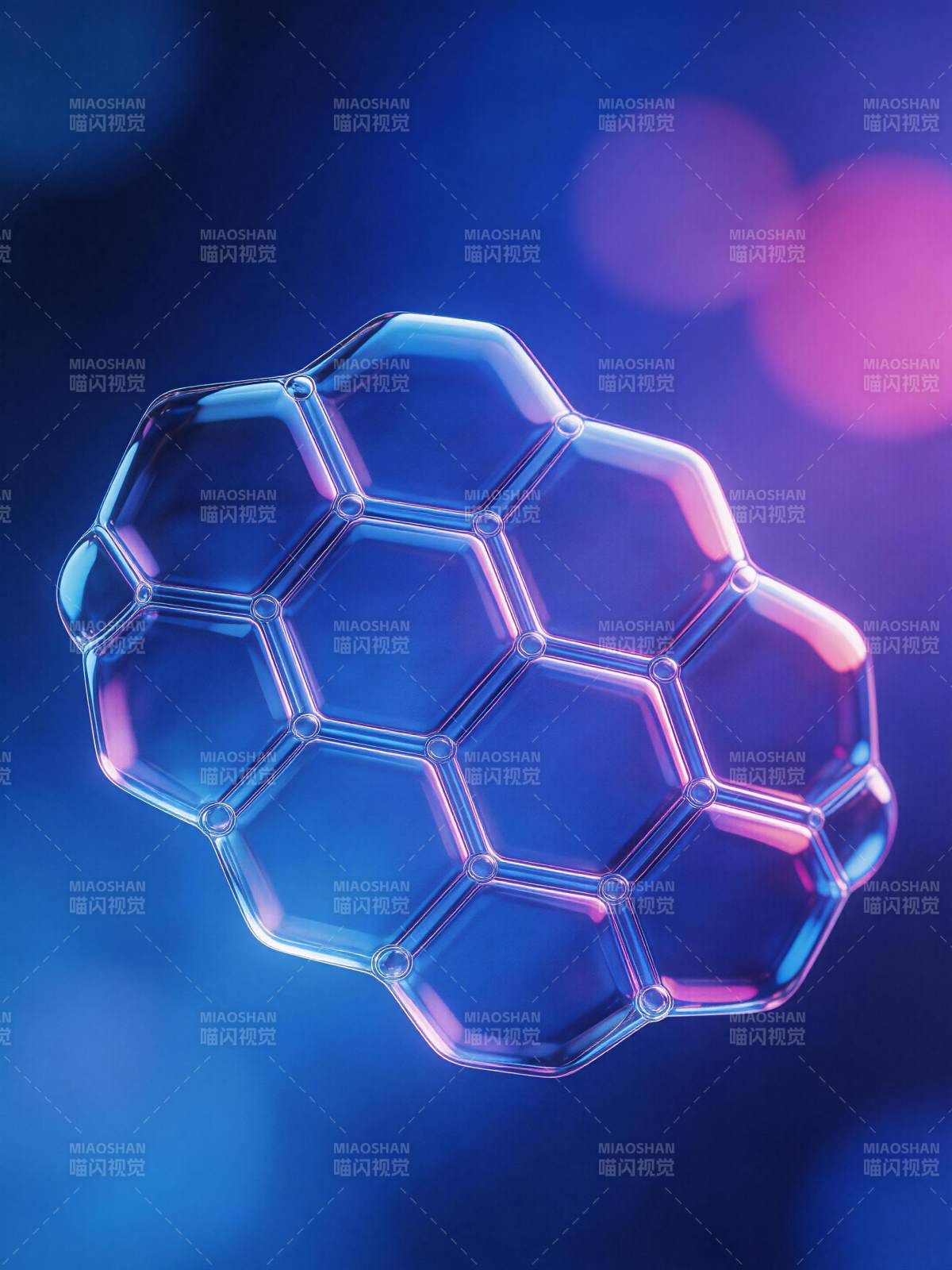 蜂窝状透明结构在蓝紫光背景中悬浮图片