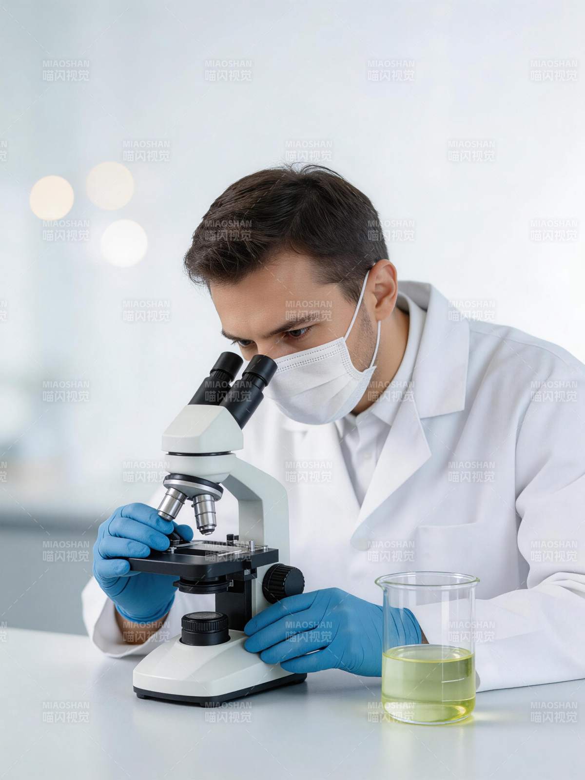 科研人员佩戴口罩使用显微镜进行实验观察图片