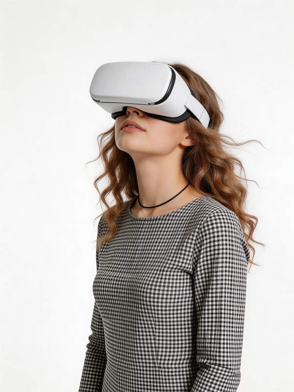 VR体验 女子戴 headset 沉浸虚图片