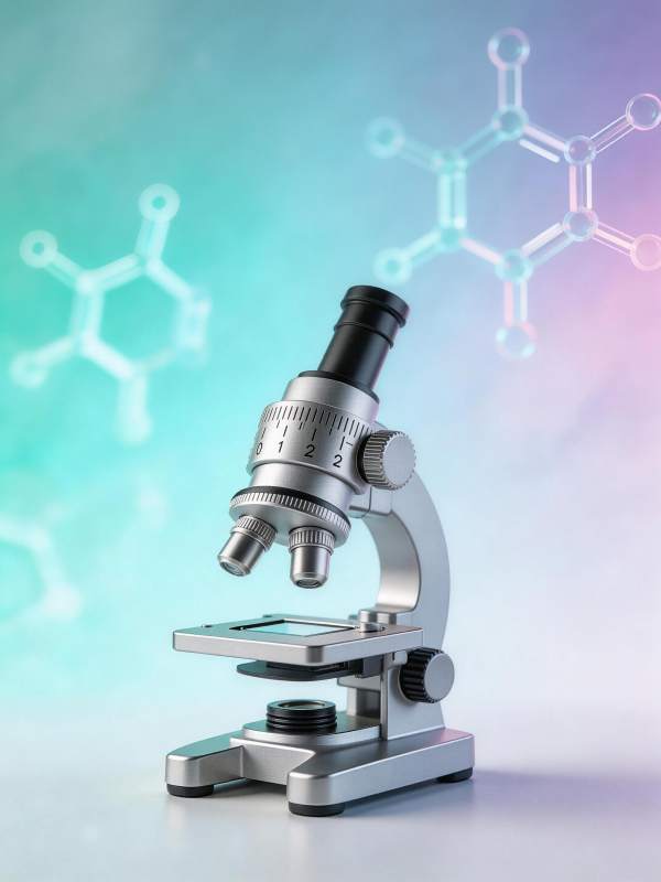 显微镜与分子结构模型科学实验场景图片