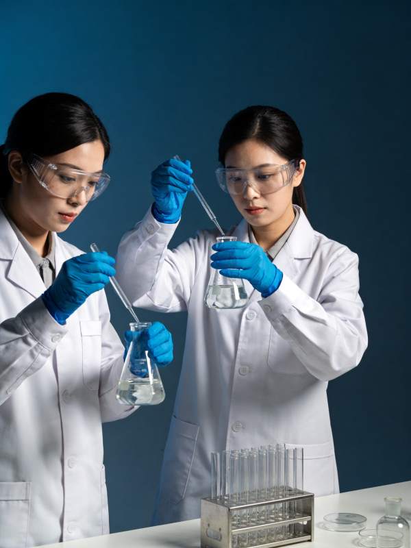 两位女性科研人员在实验室进行化学实验操作图片