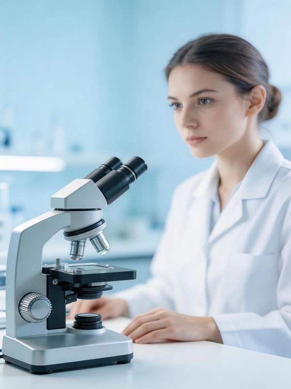女科学家专注显微镜观察图片