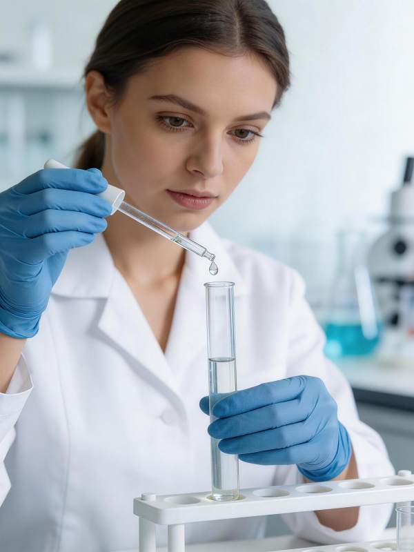 女性科研人员用滴管向试管滴加液体图片