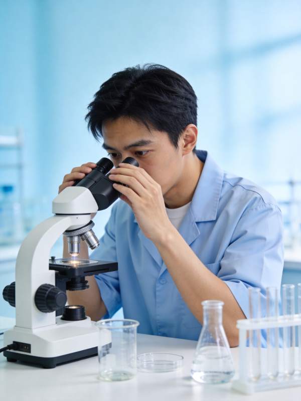青年科学家专注显微观察图片