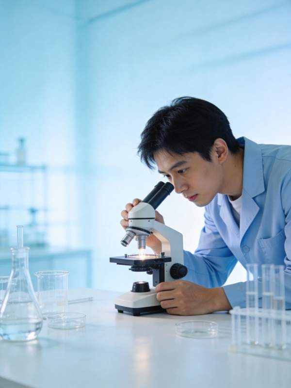 科学家专注显微镜观察图片
