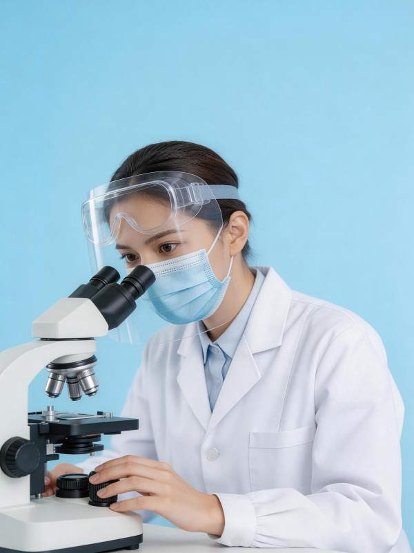 女性科研人员佩戴护目镜使用显微镜观察样本图片