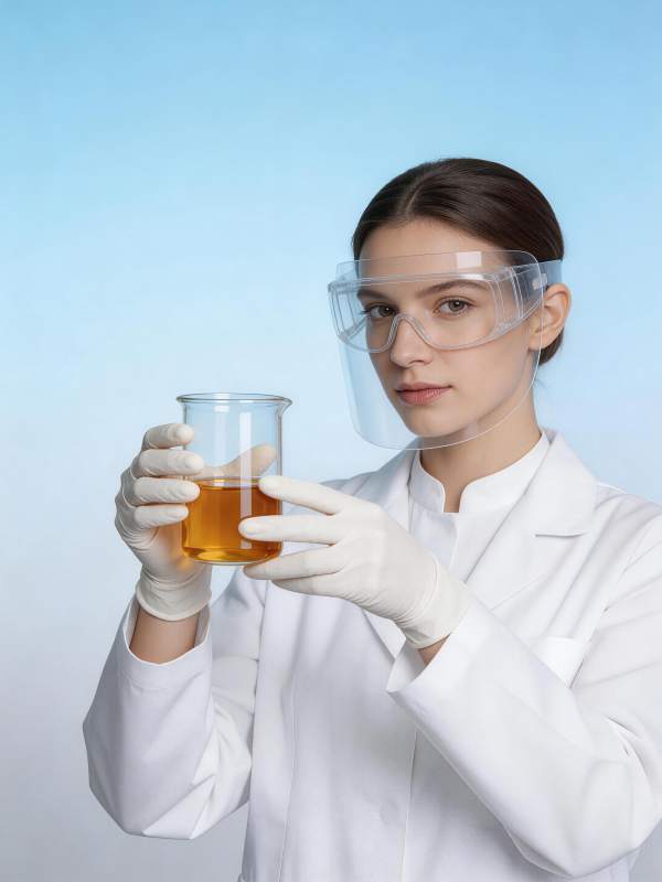 女科学家观察橙色溶液图片