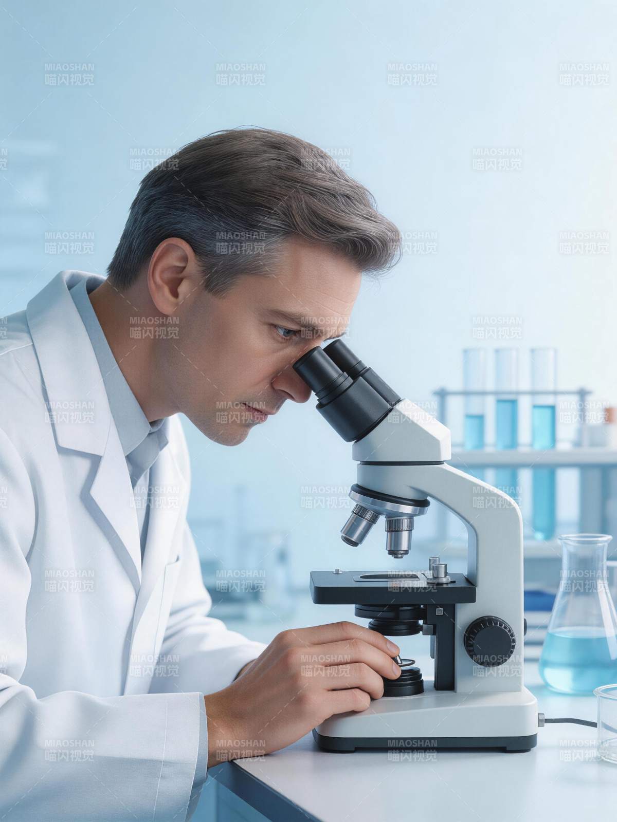 科学家专注显微镜观察图片