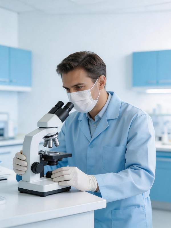 科研人员佩戴口罩使用显微镜进行实验观察图片