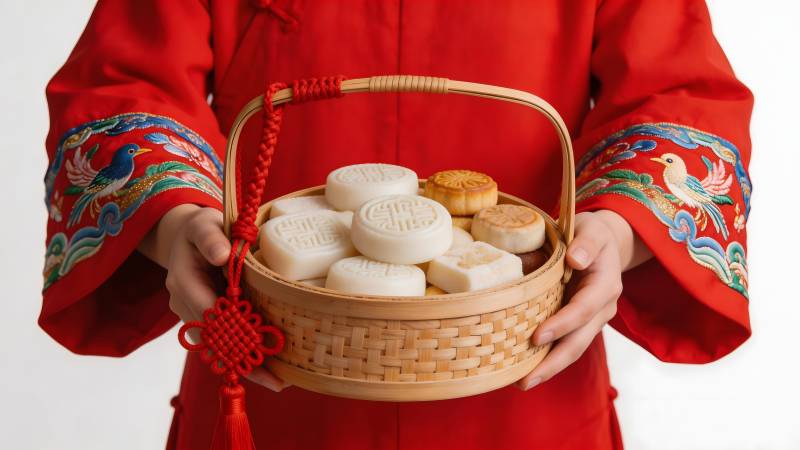 红衣捧篮赠月饼图片