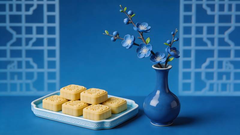 蓝韵花影伴糕点图片