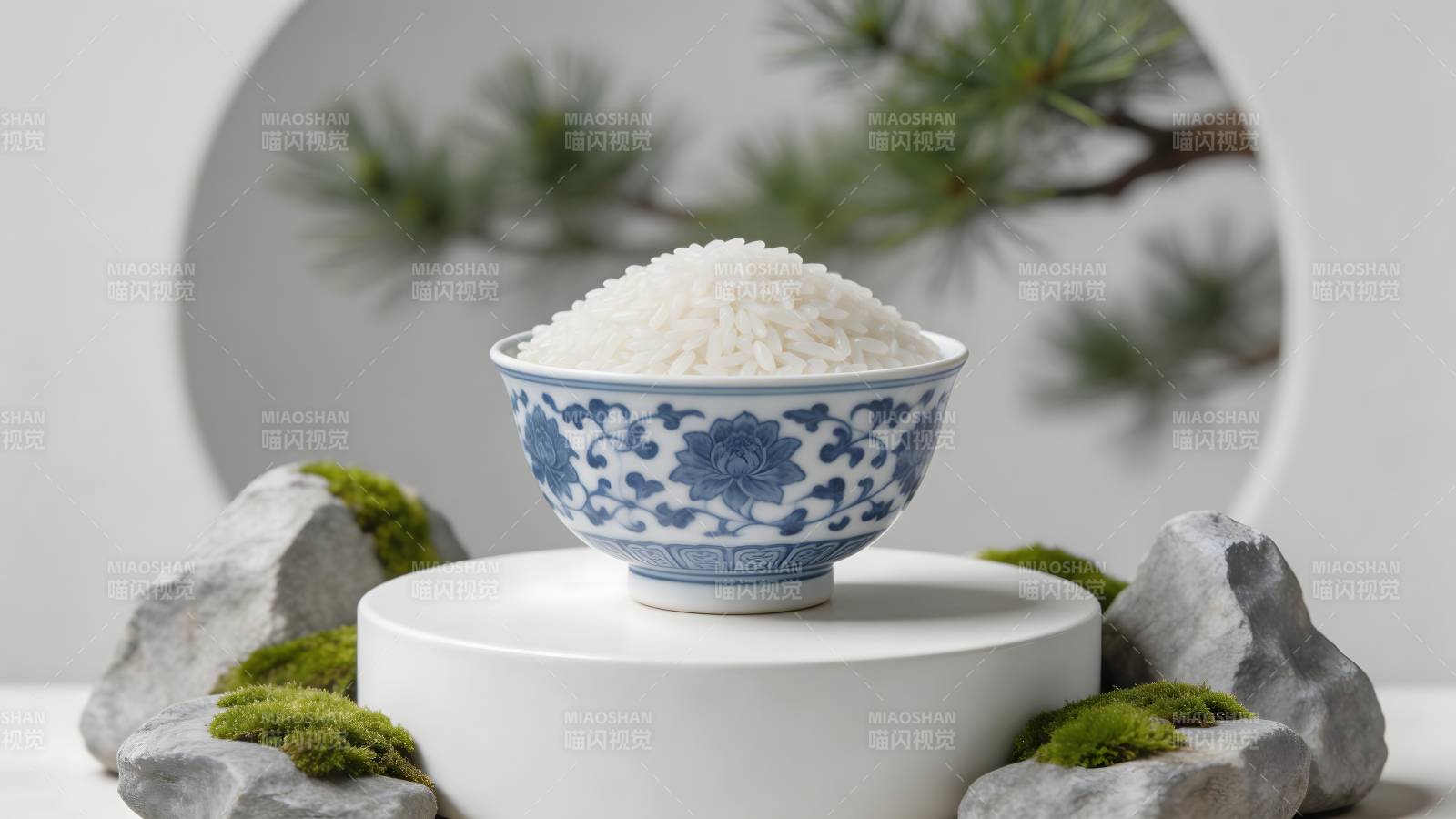 青花瓷碗盛白米 松石雅境图片