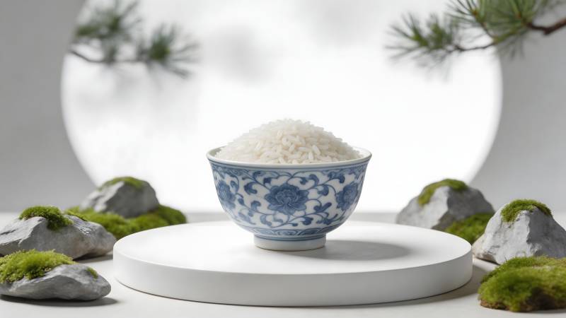 青花瓷碗盛白米 禅意静美图片
