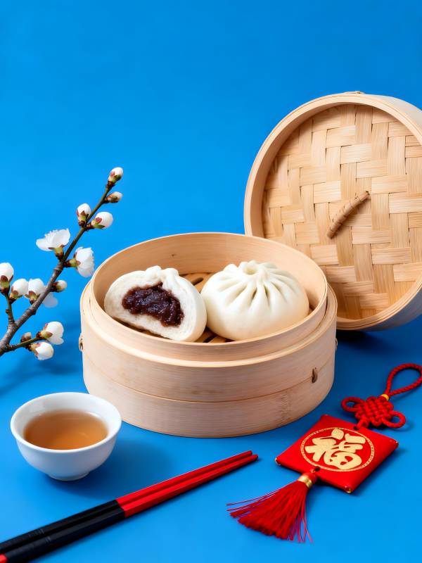蒸笼包子配茶 年味十足图片