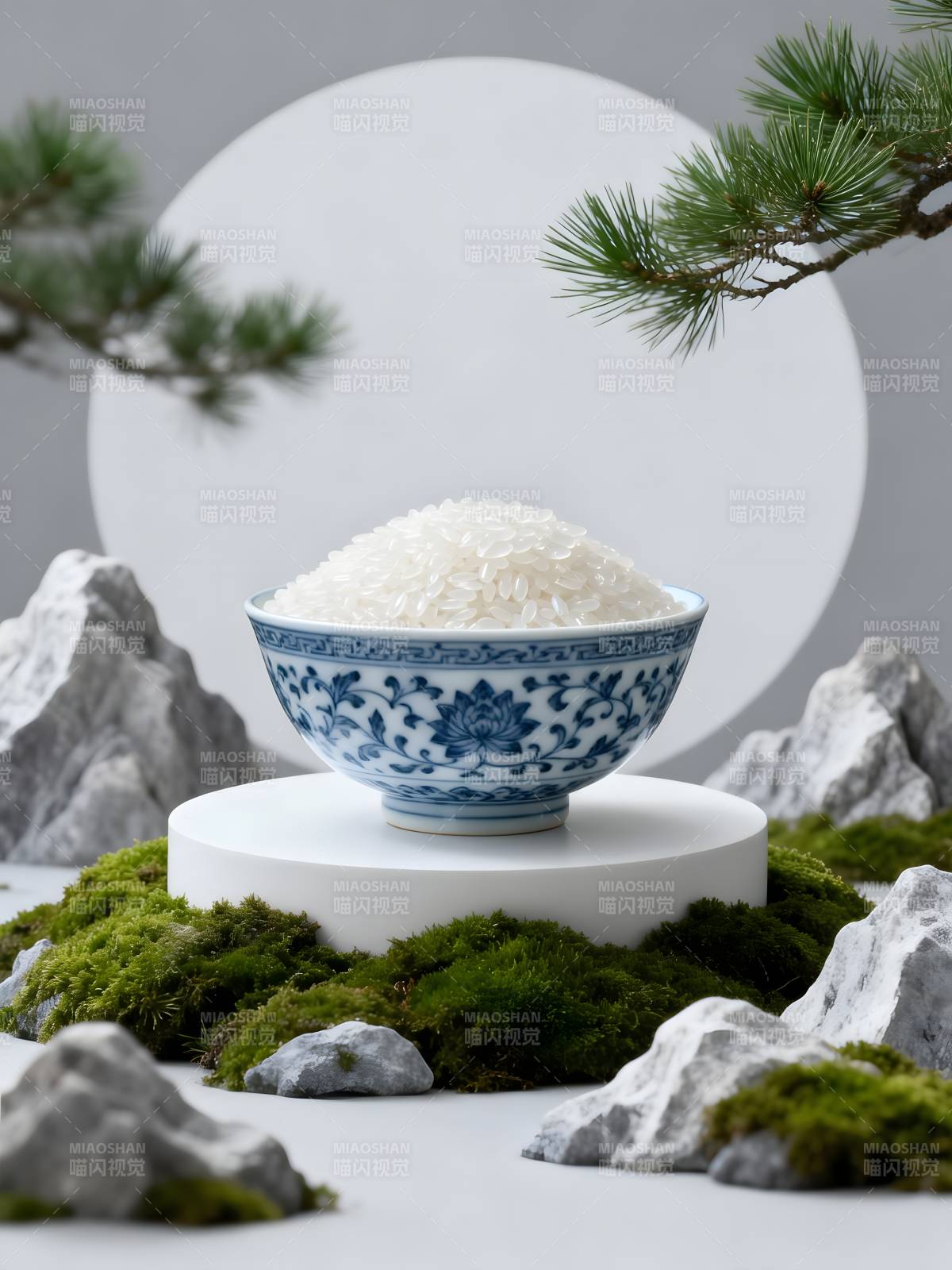 青花瓷碗盛白米 松石苔藓映雅韵图片
