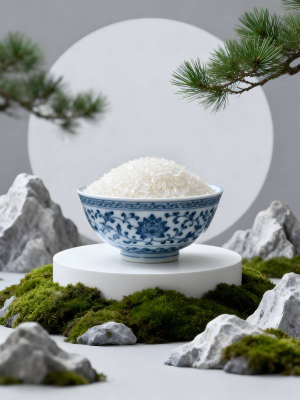 青花瓷碗盛白米 松石苔藓映雅韵图片