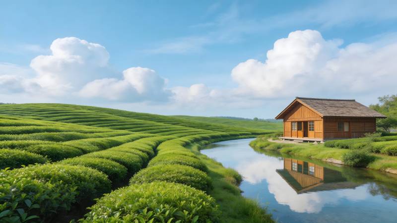 茶田小屋映水云图片