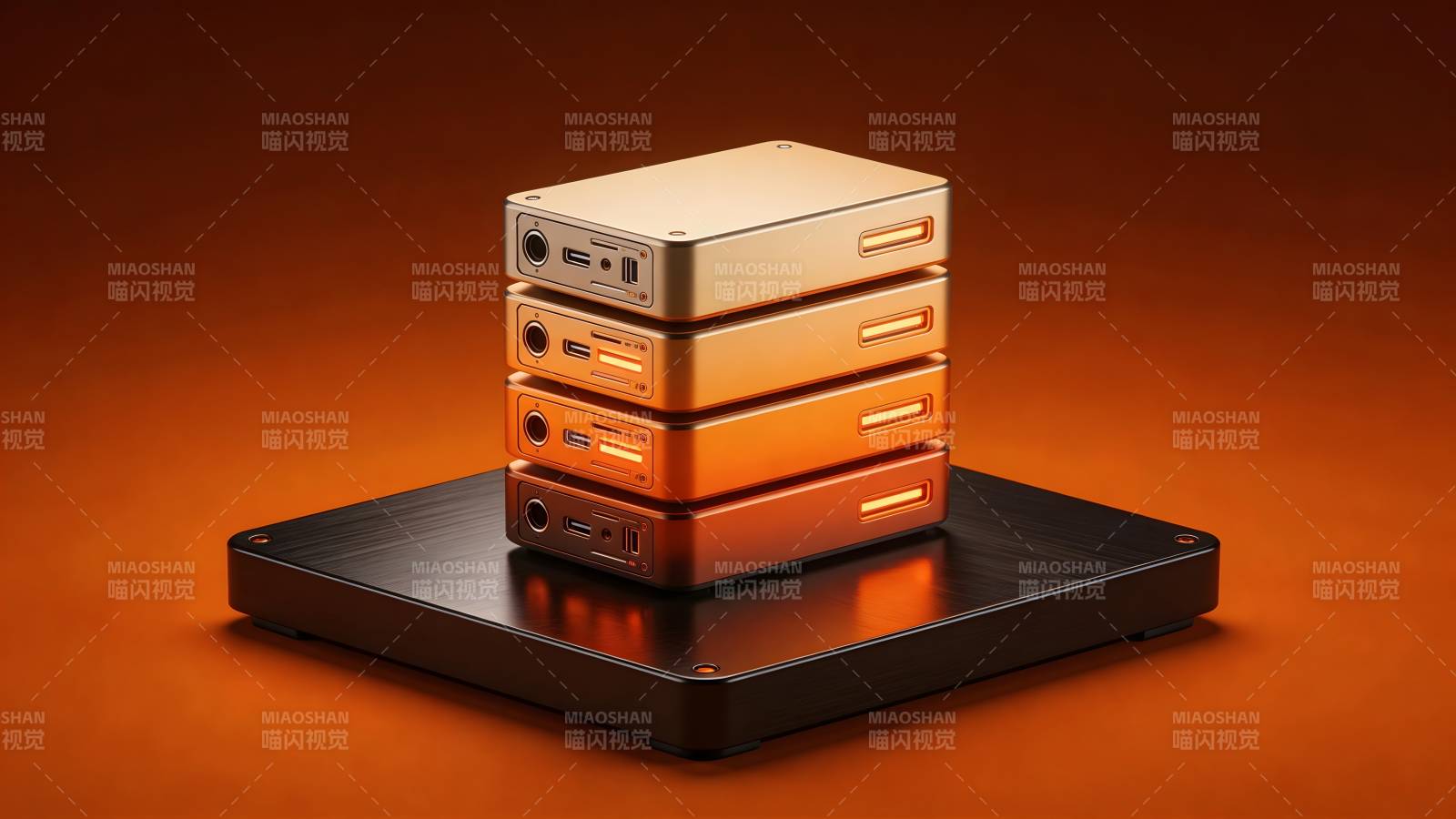 四台设备叠放于黑色底座上图片