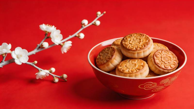 红碗月饼伴梅枝 年味浓图片