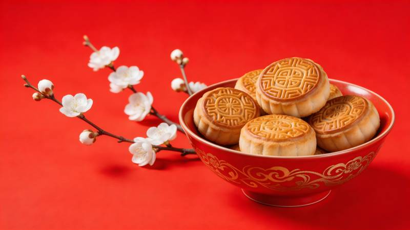 红盘月饼伴梅枝图片