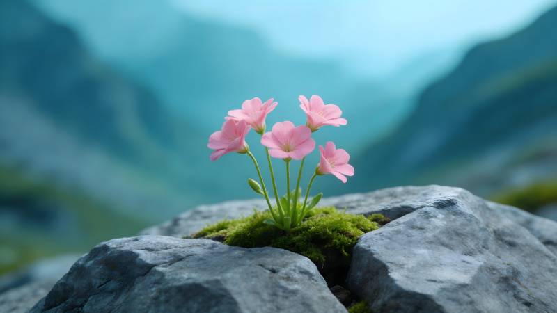 石缝粉花映青山图片