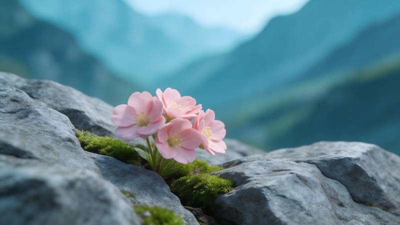 岩缝粉花映青山图片