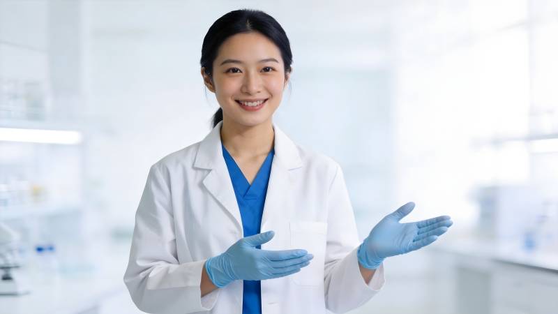 女科学家微笑展示实验成果图片
