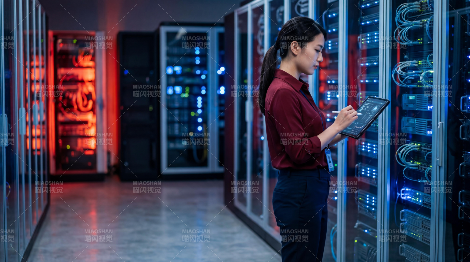 女子机房巡检平板操作图片